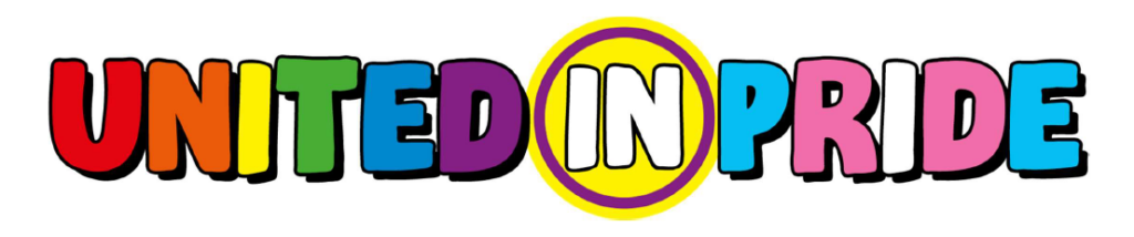 Image of United in Pride logo symbolising the word United in rainbow  flag colours, the word In within a yellow and purple ring intersex flag colours and the word Pride in Trans flag colours