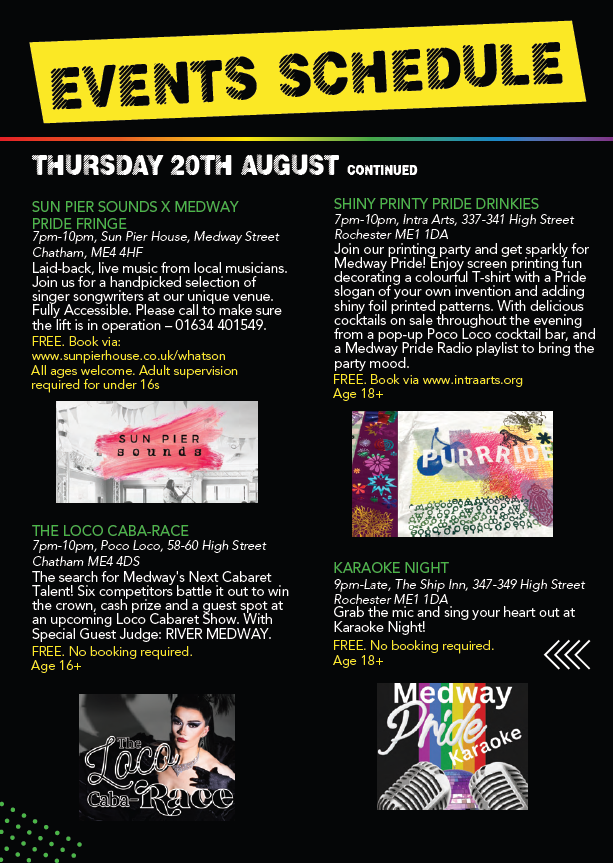 THusday 20th August
Sun Pier Sounds X Medway Pride Fringe
7pm 10pm Sun Pier House Medway Street Me4 4HF

The Loco Cabra- Race
7pm to 10pm Poco Loco Intra

Karaoke Night
9pm to Late The Ship Inn Intra
