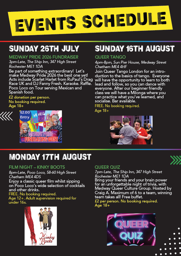 RVent Schedule
Sunday 16th August
Queer Tango
4 to 6pm Sun Peir Hose
Fee no booking required

Mondy 17th August
Filn night Kinky Boots
8pm to late Poco Loco Intra

Queer Quizr
7pm to late The Ship Inn Intra
